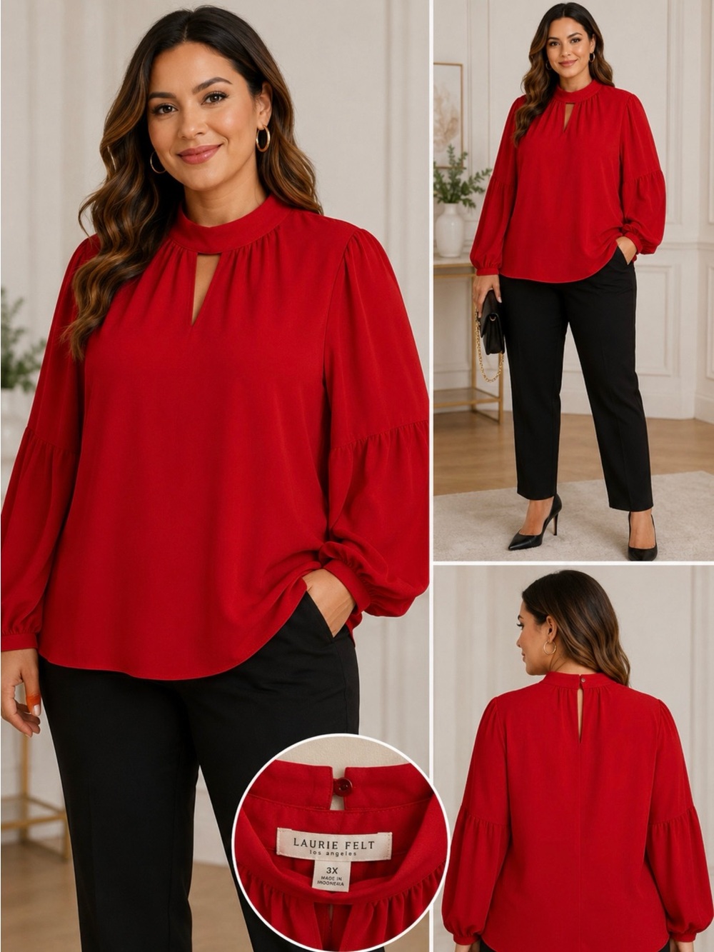 Laurie Felt Red Balloon Sleeve Keyhole Blouse Size 3X
